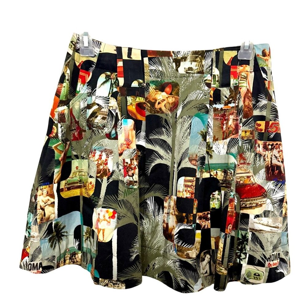 Vintage Y2k Womens Simon Chang Retro Graphic Pleated Skirt Size 6 POCKETS